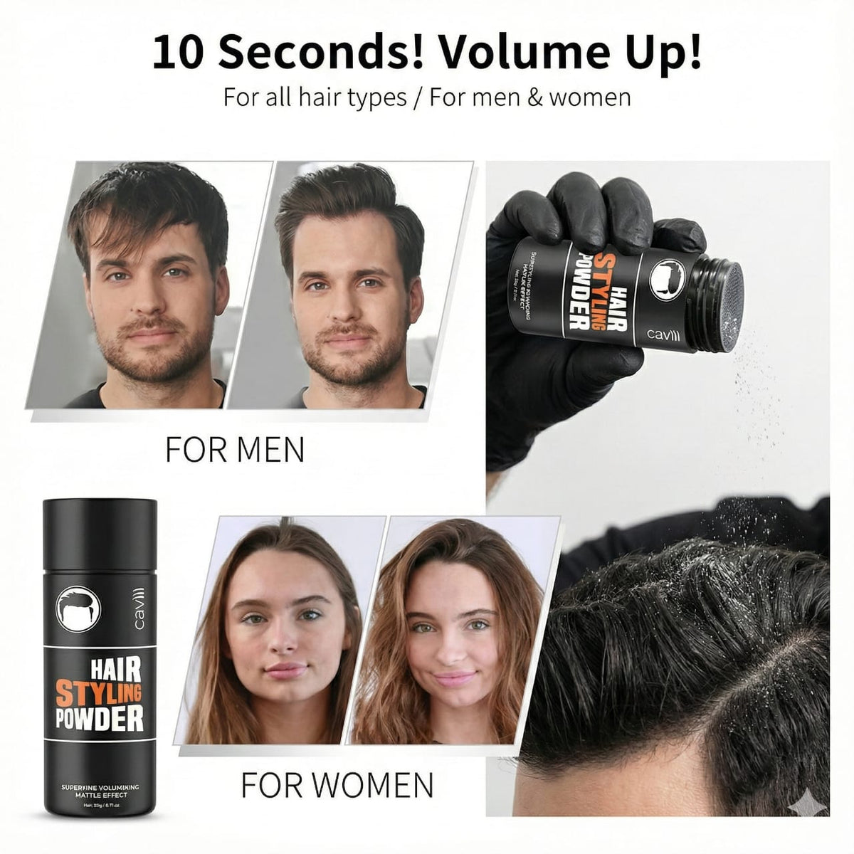 Caviii Hair Volume Powder 20g with styled textured hairstyle