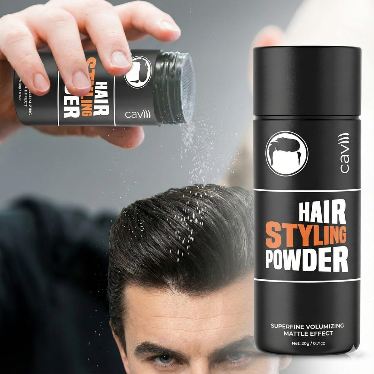Caviii hair volume powder being applied to hair roots