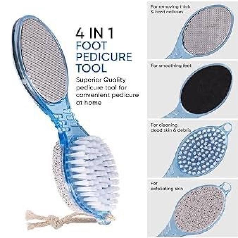 4-in-1 foot pedicure tool with callus remover, foot file, cleansing brush and exfoliating surface