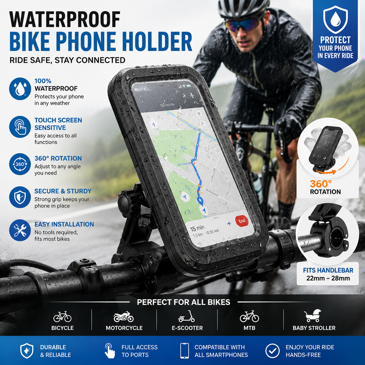 waterproof bike phone holder touch screen motorcycle mount