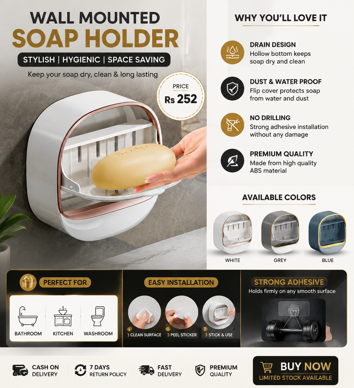 Wall Mounted Soap Holder With Flip Cover | Stylish Bathroom Soap Dish