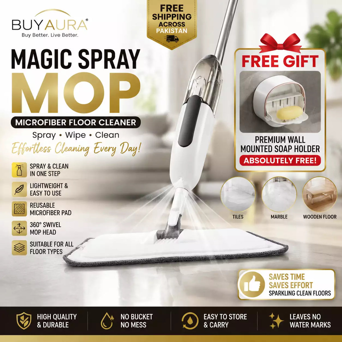 Magic Spray Mop | Microfiber Floor Cleaner + FREE Soap Holder