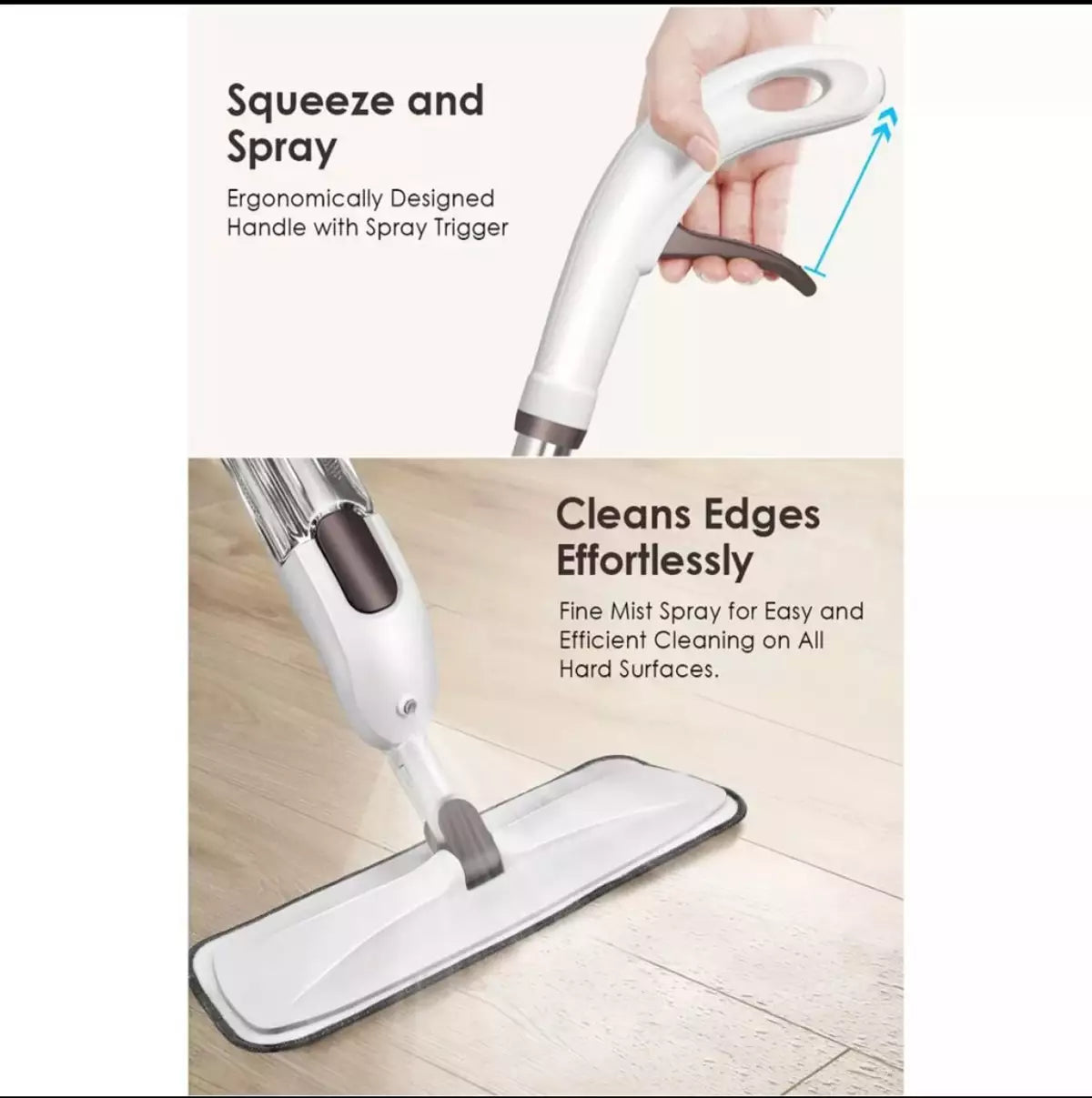 Handheld cleaning device with spray trigger and flat mop head on a wooden floor.