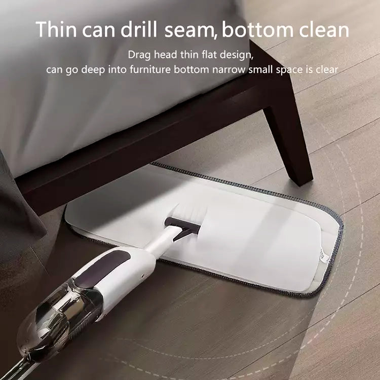 A cordless floor cleaner is shown under a bed on a wood floor, demonstrating its thin flat design for cleaning tight spaces. White text at the top explains its thin can drill seam and bottom clean drag head design.