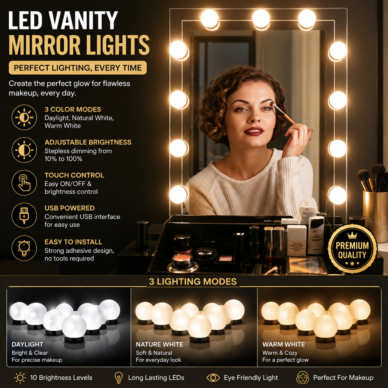led vanity mirror lights 3 color adjustable makeup mirror kit