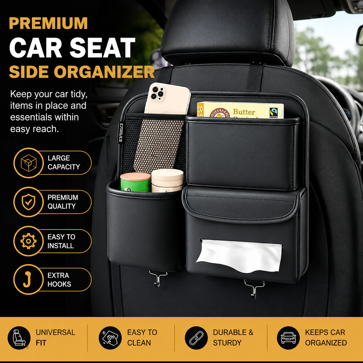 premium car seat side organizer pu storage bag for car interior